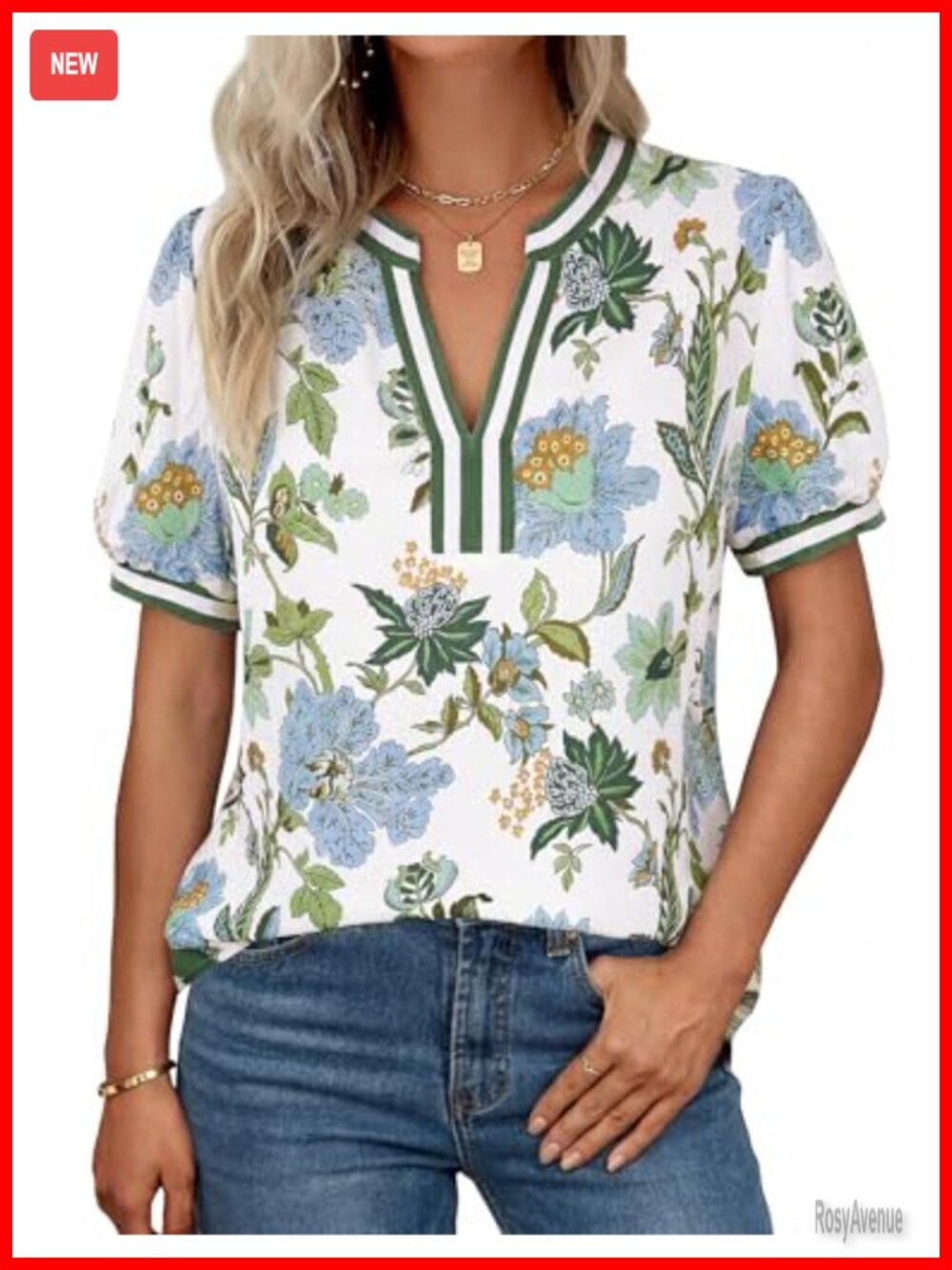 Boho Floral Puff Sleeve V-Neck Blouse Wrinkle-Resistant Summer Top